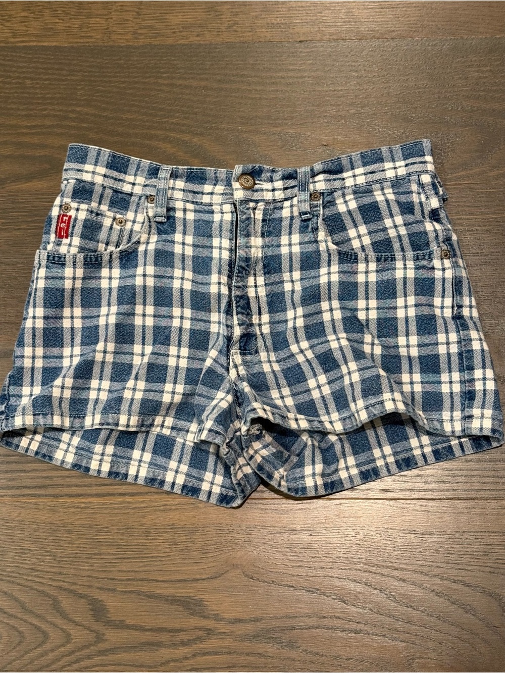 LEI Women's Blue Plaid Cotton Shorts